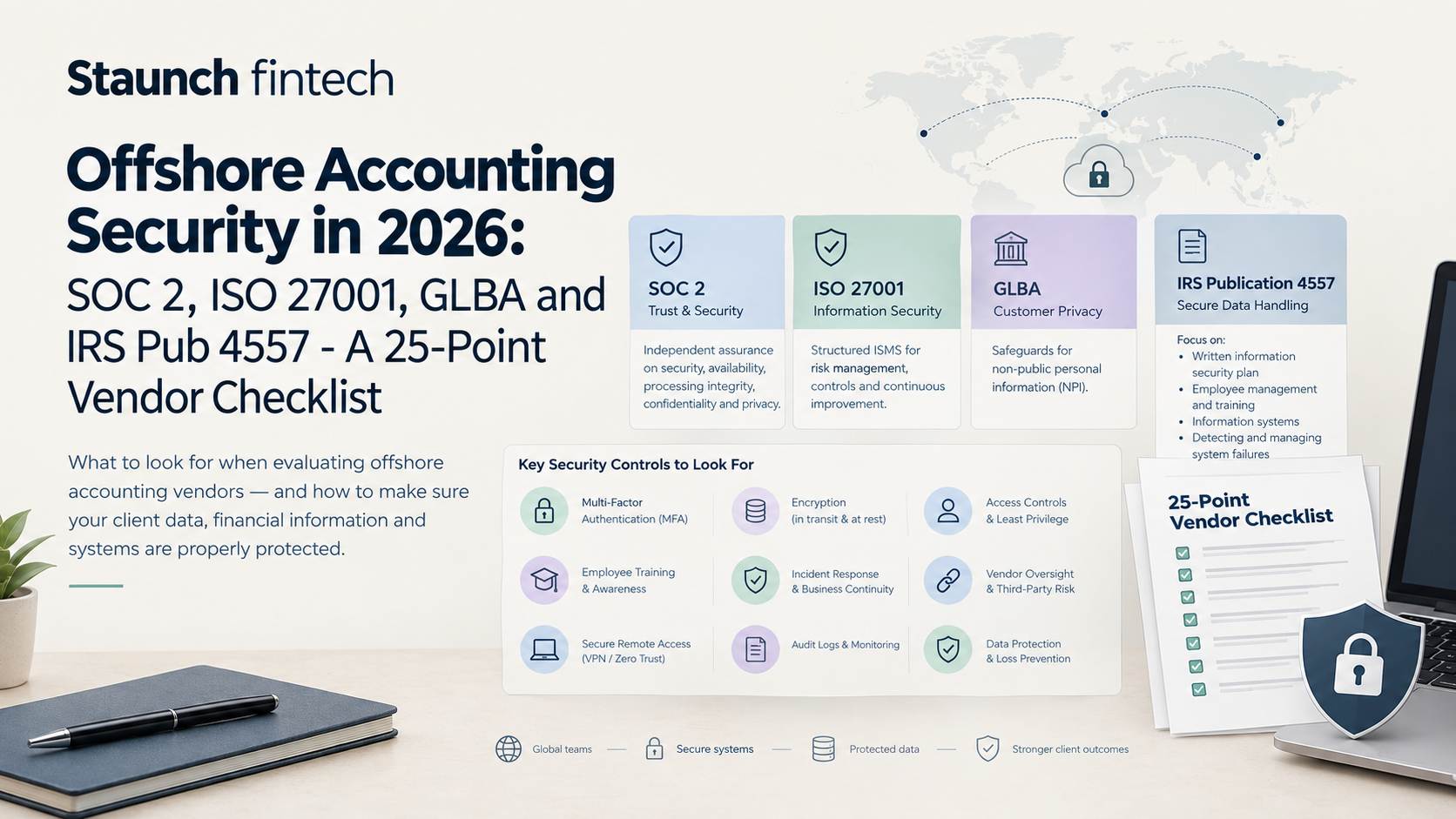 Offshore Accounting Security in 2026: SOC 2, ISO 27001, GLBA and IRS Pub 4557 - A 25-Point Vendor Checklist